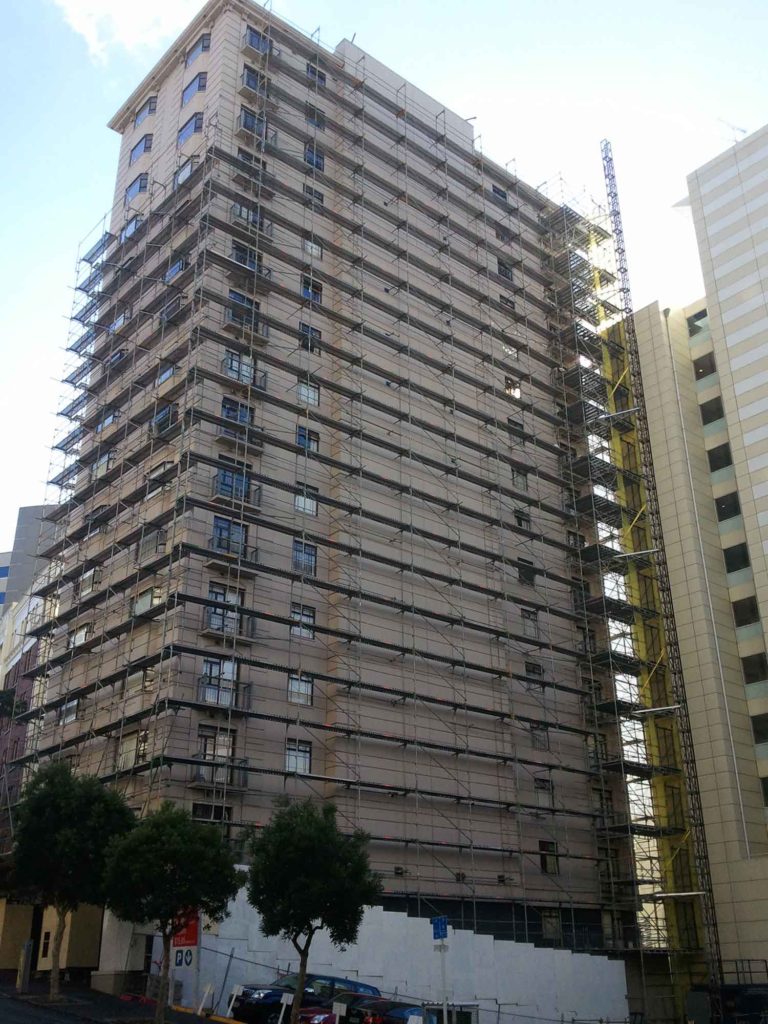 Layher SpeedyScaf Scaffolding facade surrounds Argent Hall in Auckland