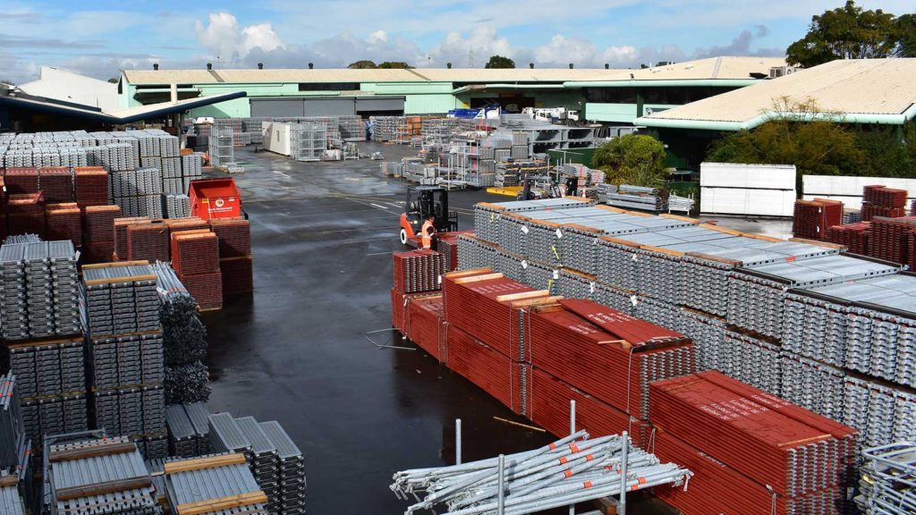 Layher's Auckland yard full of scaffolding supplies for sale