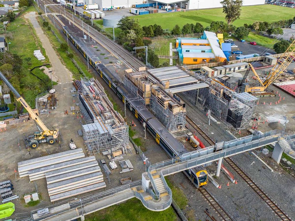 Auckland Transport railway station construction using Layher Allround Scaffolding