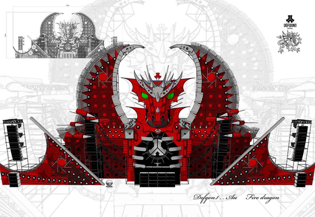 Defqon.1 Dragon set design structure built on Layher Allround Scaffolding