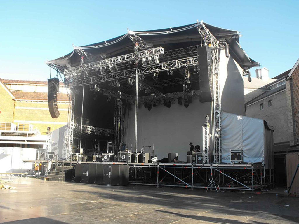 Festival stage constructed using Layher Event Systems and Layher Allround Scaffolding