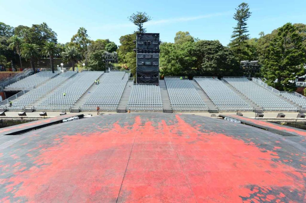 Front of house and lighting towers constructed using Layher Allround Scaffolding for Sydney event