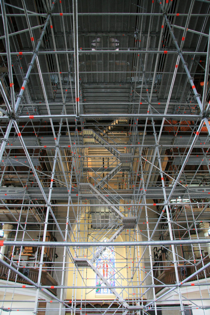 20 metre high birdcage accessed by Layher scaffolding temporary stairways