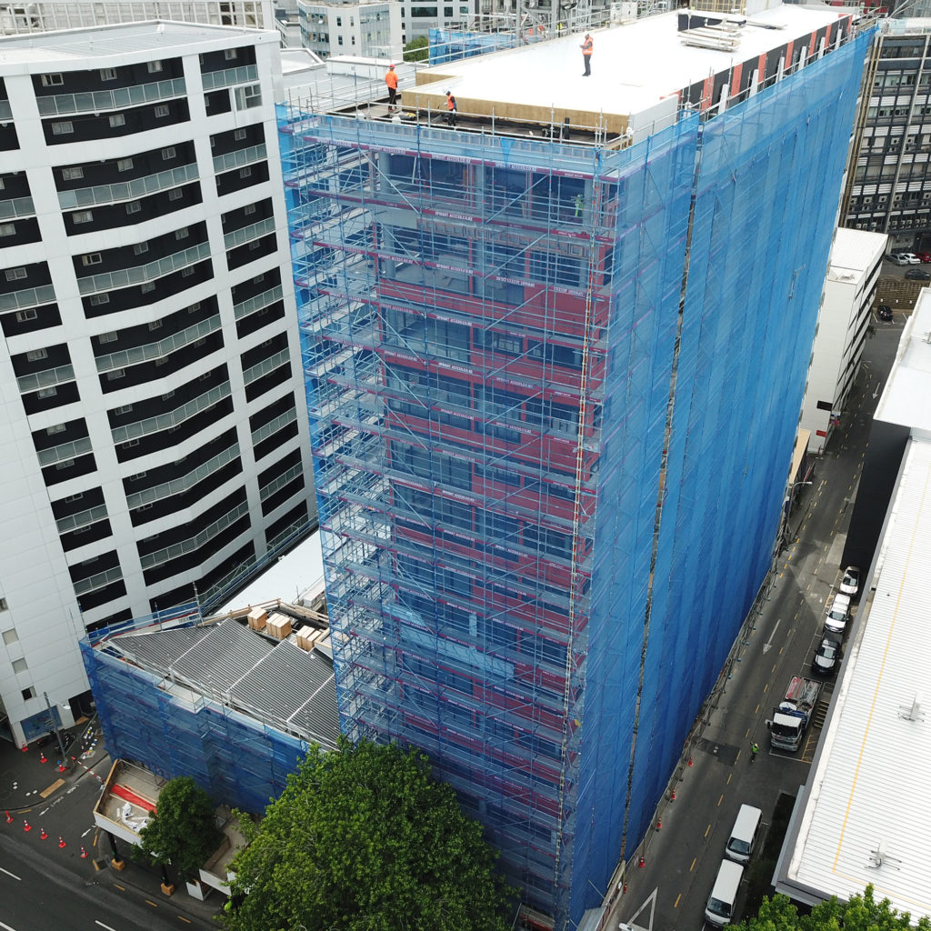 Upright Access Systems using Layher Allround Scaffolding on Queens Square Auckland