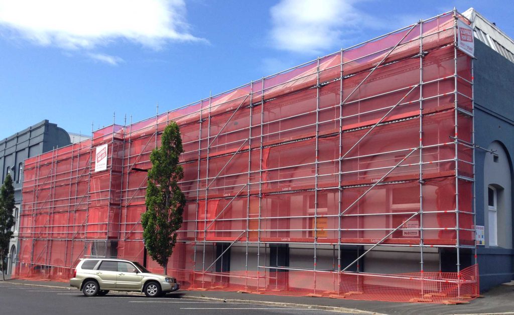 Scaffold For Less provided access to assist a variety of trades including concrete cutters, plumbers, painters and glaziers using Layher Allround Scaffolding at The Grainery, Dunedin.